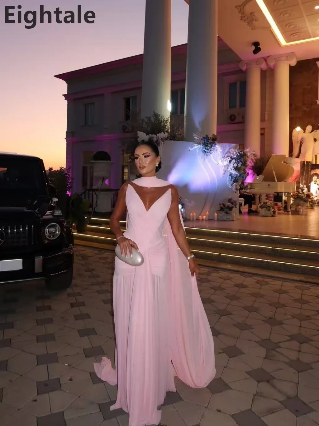 فستان سهرة طويل من الشيفون بطيات حورية البحر باللون الوردي من Eightale 2025 مع لف فستان حفلة موسيقية عربي سعودي فستان حفلة دبي مخصص #4