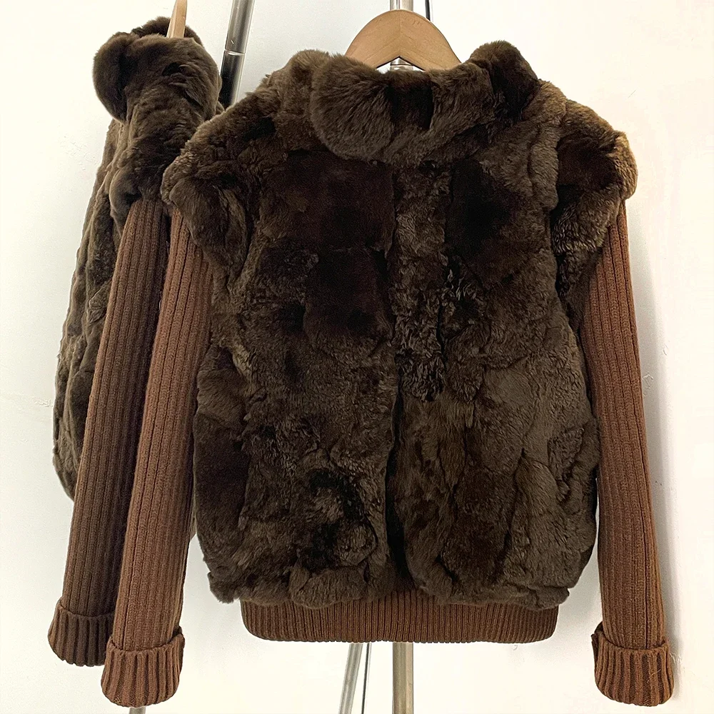 OFTBUY Echter Rex-Kaninchenfellmantel, kurz, neue Winter-Warmkleidung, Damen, Strickärmel, Patchwork, Stehkragen, Reißverschluss, Pelzjacke für Damen – Detail 10