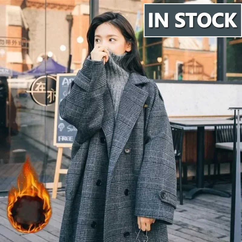 

Knee Over French Hepburn Style Coat Jacket Women Plaid Tweed Wool Long Jackets Female Overcoat Outerwear Trench Coat Clothes