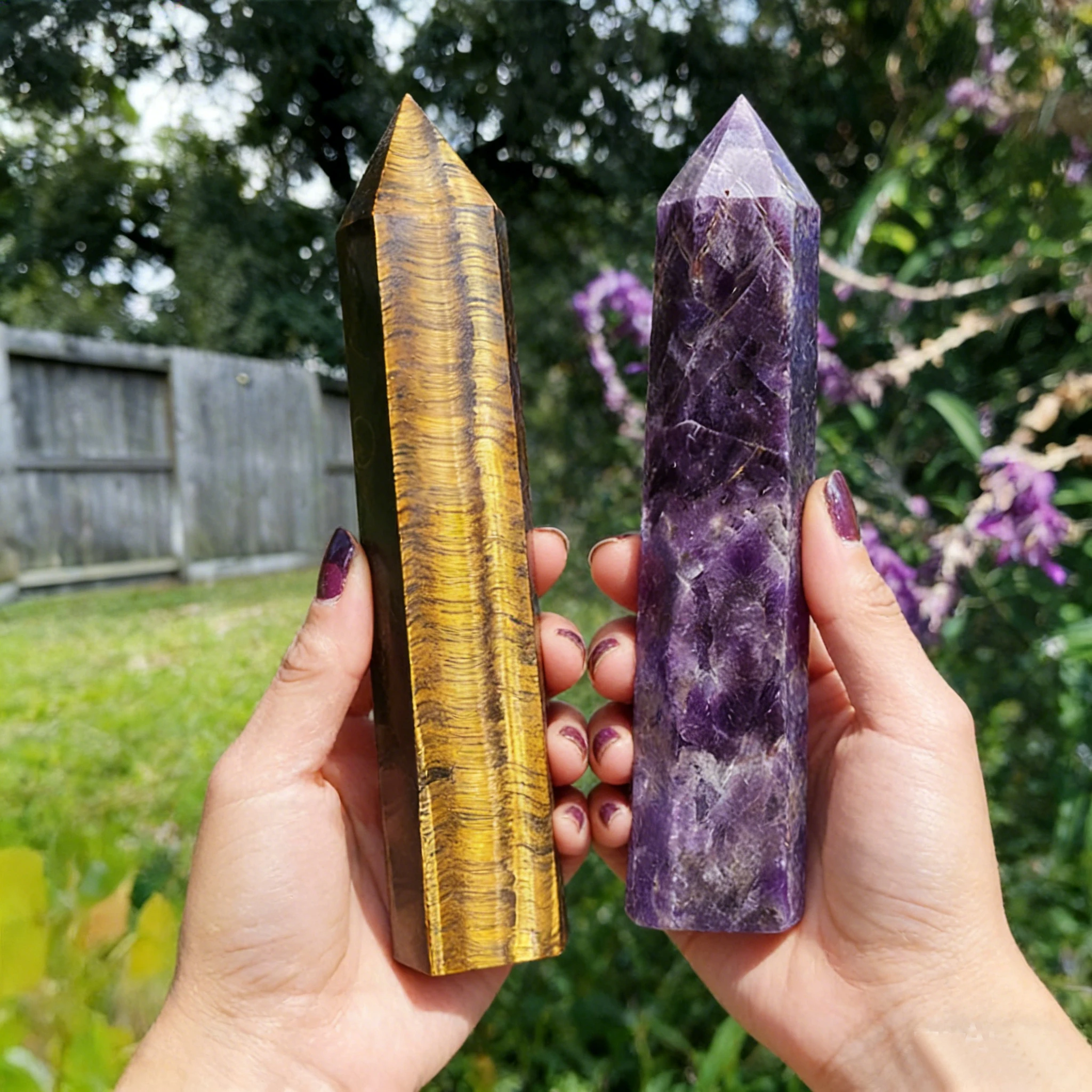 Natural Crystal Obelisk Tower Point Set 2Pcs 6 Faceted Wand 8-17cm Amethyst Tiger Eye Chatoyant Dreamlike Hand Polished Home Decor Desk Ornament Office Decor Room Decor Bedroom Decor Table Centerpiece Collectible Gift Set Zen