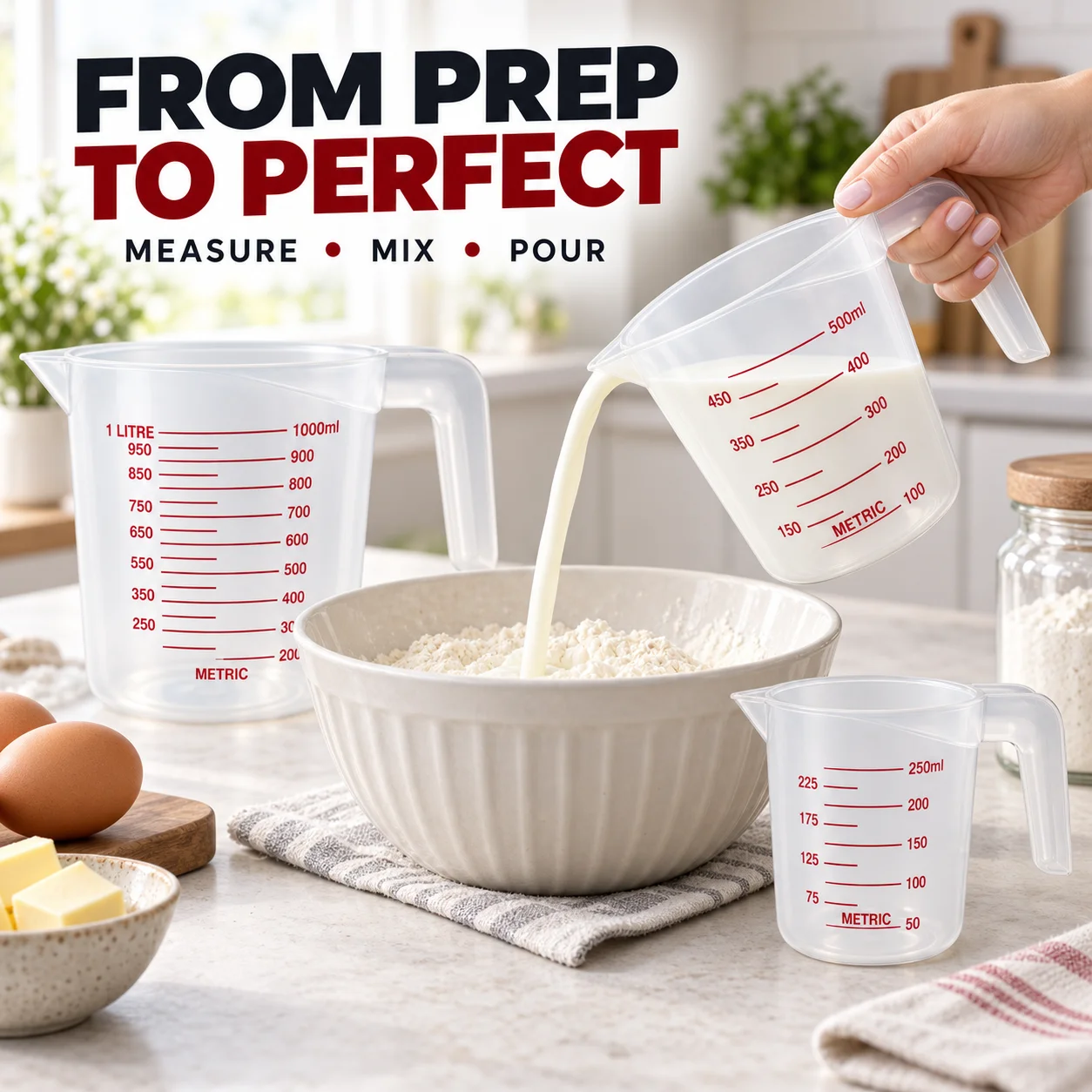 3-Piece Clear Plastic Measuring Jug Set with Reinforced Handles Easy-Read Markings Food Dispensers 250ml/500ml/1000ml for Kitche