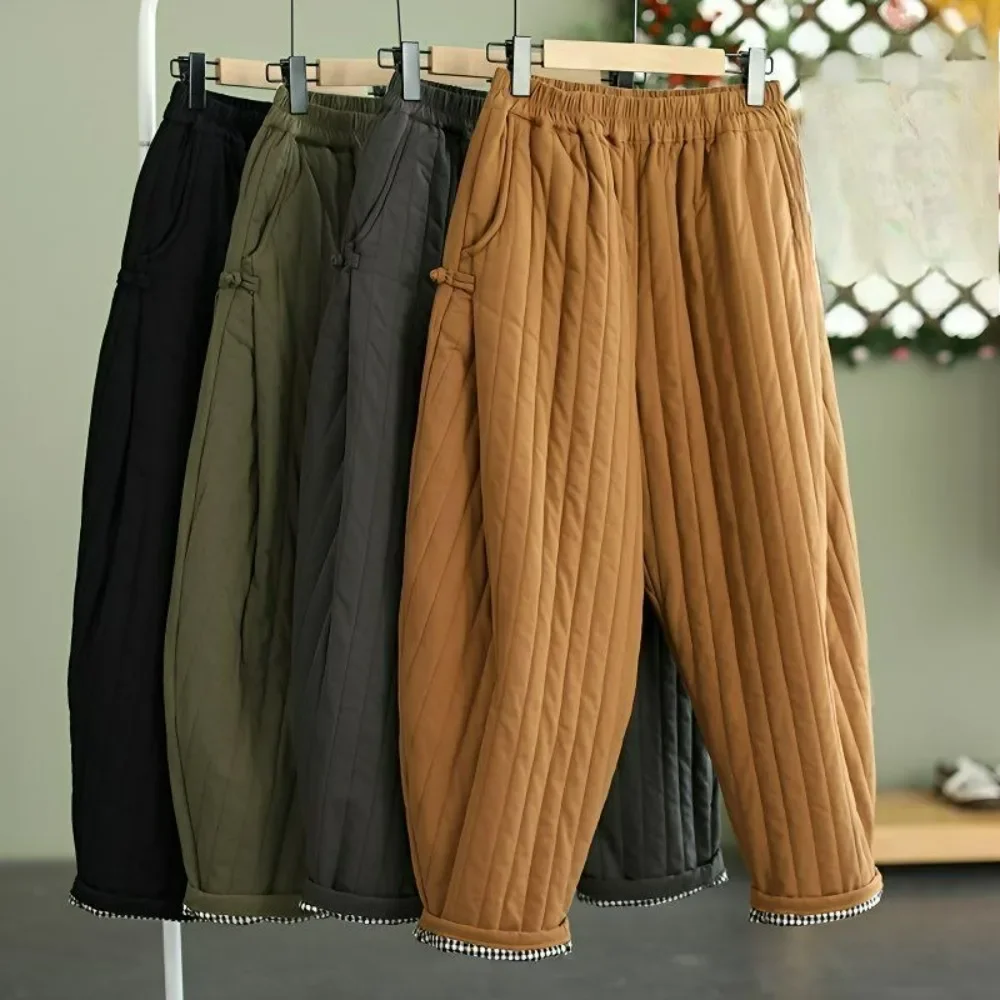 Plus Size Women's Winter Quilted Pants, Vintage Wide-Leg Trousers with Elastic Waist | Solid Color