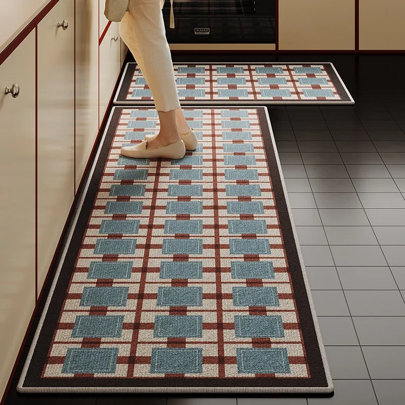 Vintage Geometric Plaid Kitchen Floor Mat Long Strip Runner Rugs Anti-slip Washable Carpet Room Mats Decorate Alfombra De Cocina