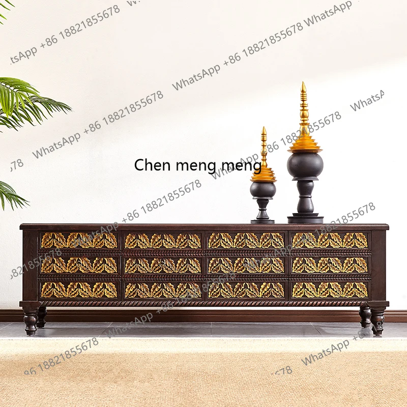 Southeast Asian Style Solid Wood Living Room TV Cabinet Thai Style Homestay Furniture Light Luxury Floor Cabinet Storage Cabinet