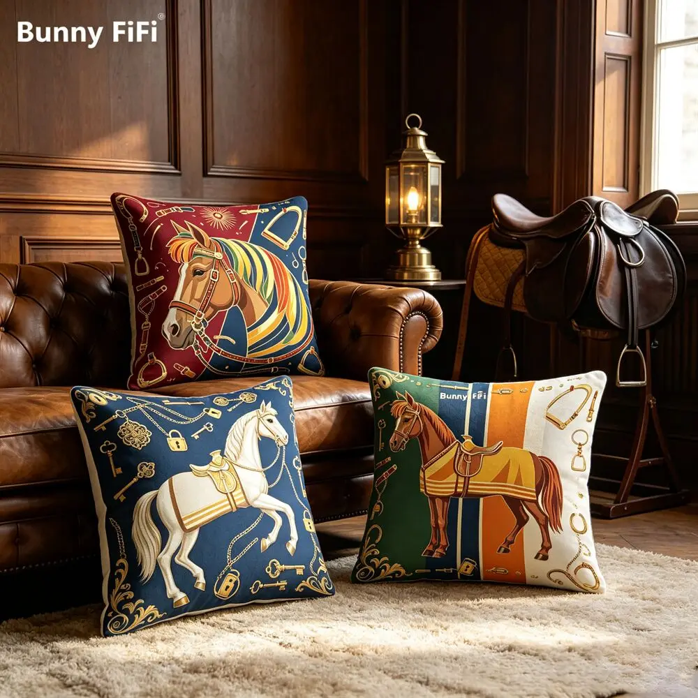 Horse Decorative Pillow Cover Retro Equestrian Cushion Cover Golden Saddle Carriage Horse Pattern Pillowcase 45x45cm Home Sofa