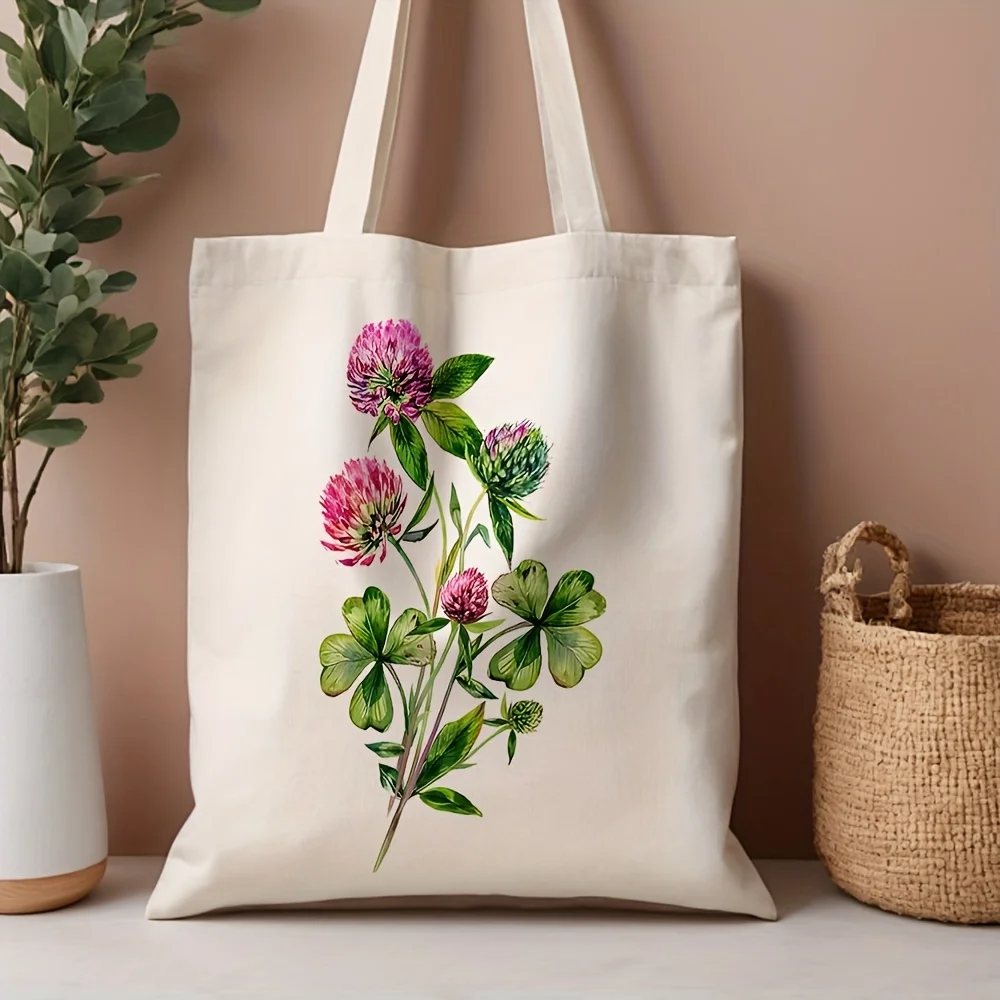 1pc of a Red Clover Design Canvas Tote Bag, Measuring 13.8 by 40.13 cm. It'S a Fashionable Shoulder Bag Suitable for Everyday Sh