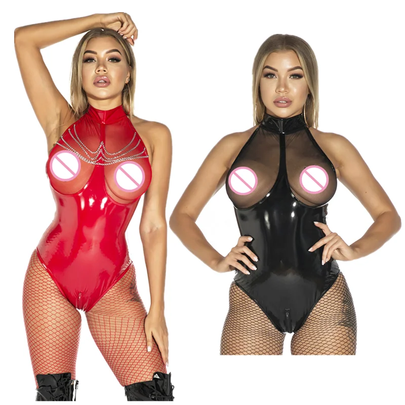 

5XL Plus Size Sexy Catsuit Women Shiny Wetlook Mesh PVC Latex Faux Leather Bodysuit Teddy Zipper Open Crotch Fetish Dance Wear