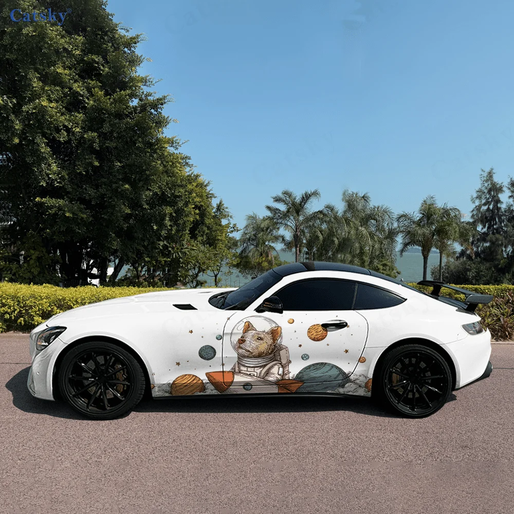 

Dog Astronaut Planet Rocket Car Vinyl Wraps Decal Self-adhesive PVC Sticker Suitable for Trucks SUV Decor Auto Accessories Gift