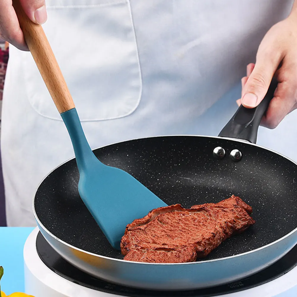 

2 Pcs Silicone Spatula Cooking Shovel Kitchen Cookware High Temp Resistant Lightweight Portable Wooden H Smooth Surface Firm