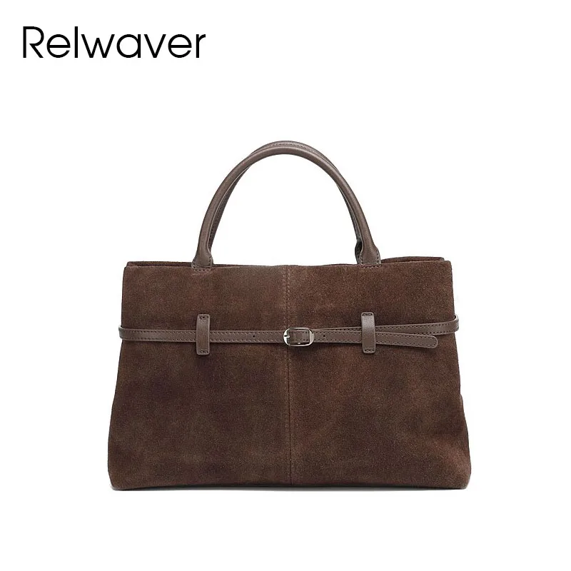 

Relwaver women handbag suede cowhide belt top handle bag commuting bag 2026 spring fashion shoulder crossbody bag