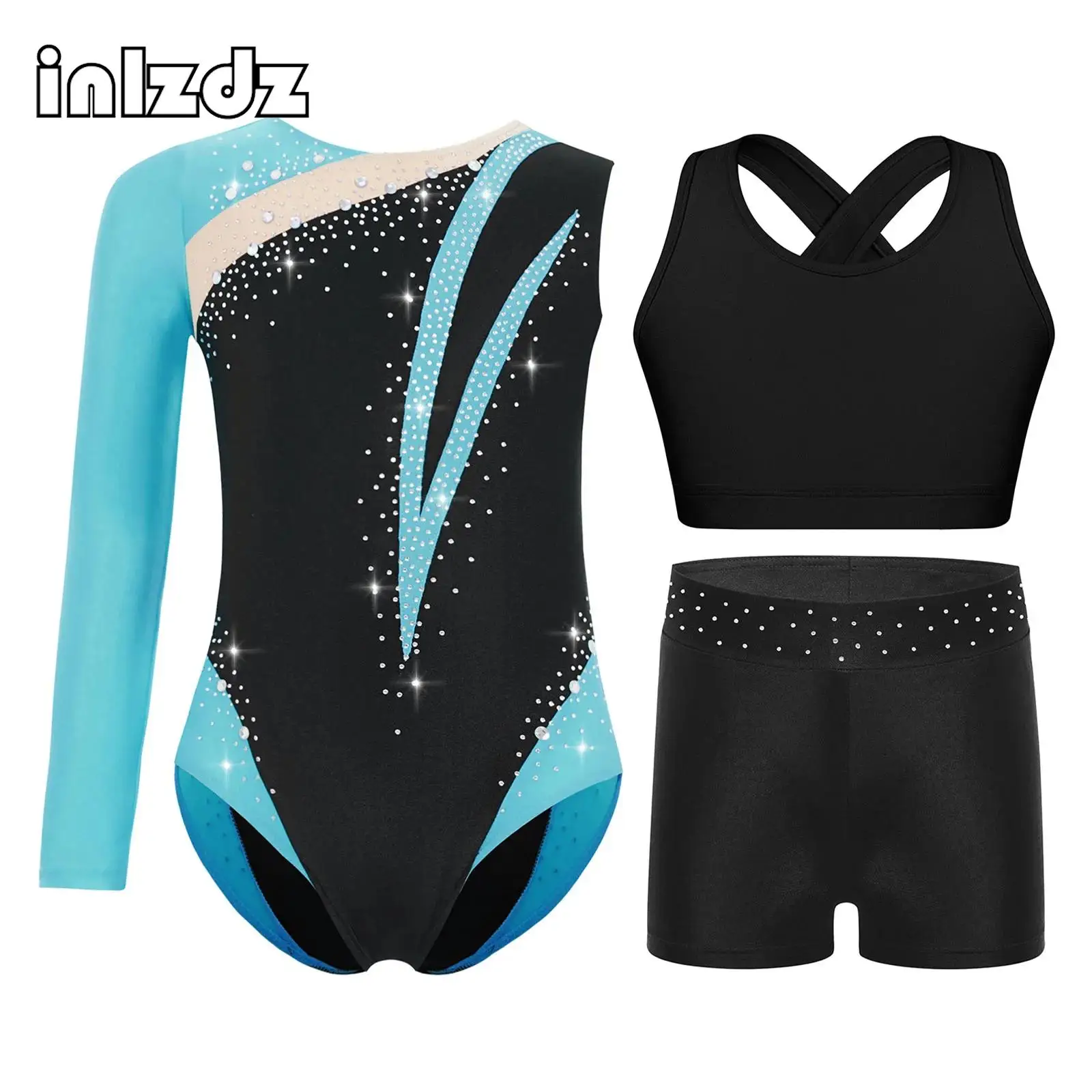

Kids Girls Acrobatics Gymnastics Dance Figure Ice Skating Outfit Glittery Rhinestones Dancewear Sets for Stage Performance Party