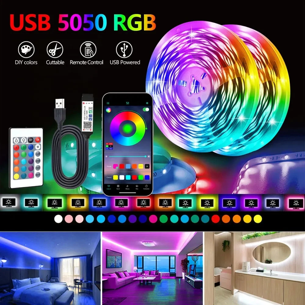 USB LED Strip Lights Bluetooth Control SMD 5050 Led Lights for TV Flexible Ribbon DIY RGB LED Tape Self-adhesive TV Backlight