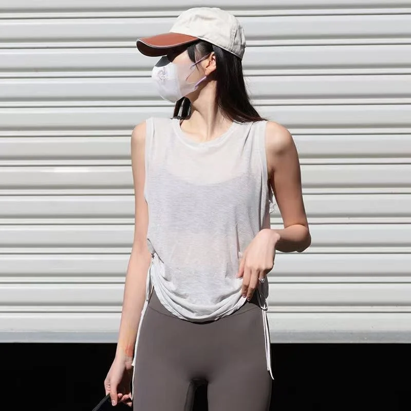 Aiithuug Ruched Side Crew Neck Workout Tanks Loose Casual Sports Top Drawstring Gym Top Yoga Cover Up Sleeveless Mesh Breathable