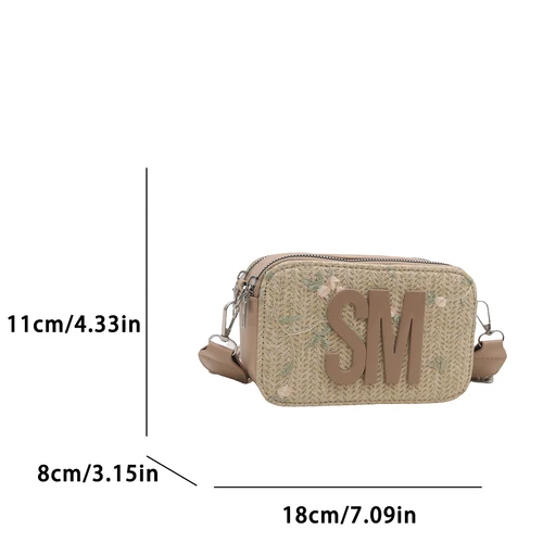Imagen 2 del producto Bolso cruzado de rafia trenzado con bordado Floral para mujer, textura tejida sólida, monograma 3D, correa ligera con patrón ajustable y cremallera