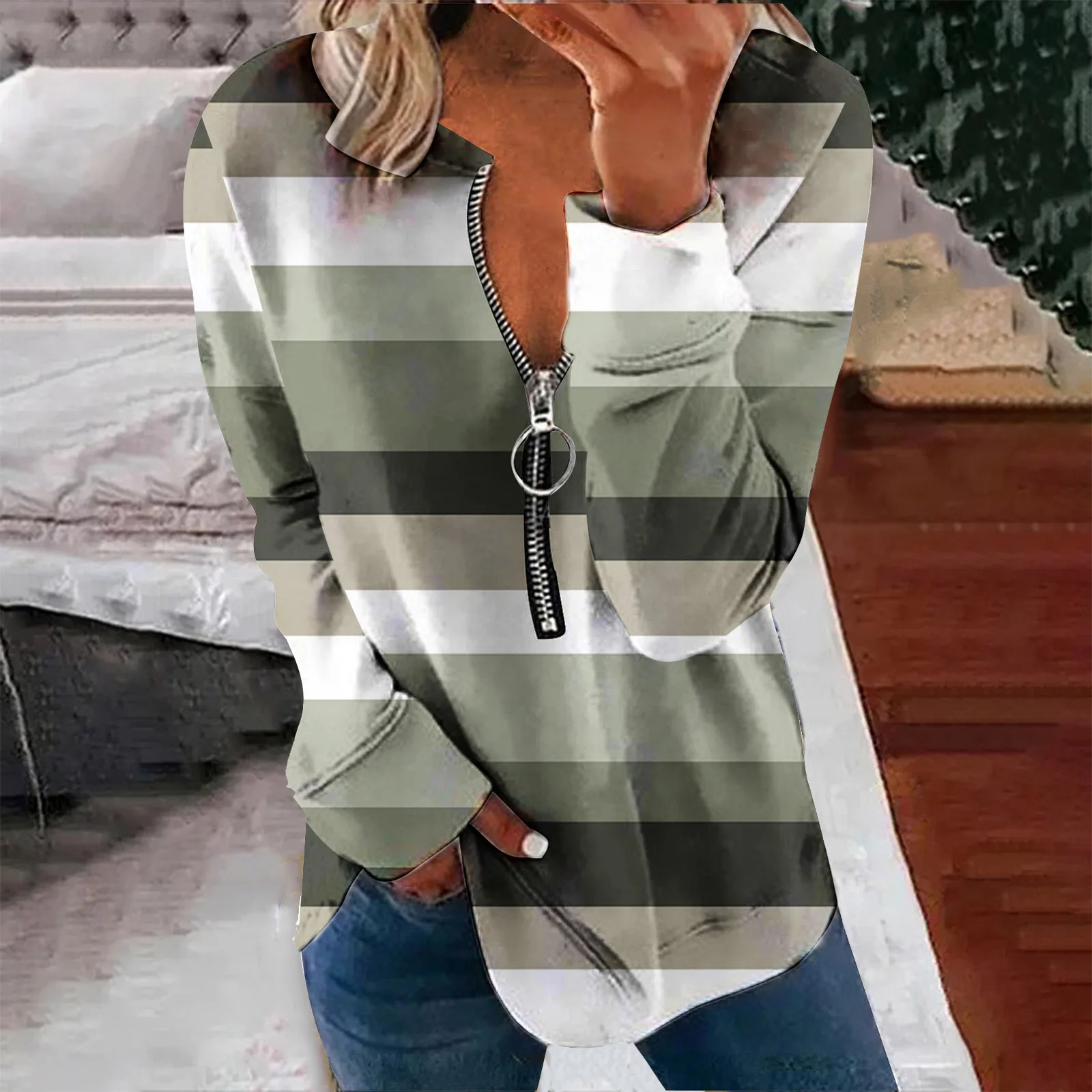 Women's Pullover Sweatshirt Ribbed Zipper Multicolor Printed Half Open Collar Fashion Casual Sweater Outdoor Daily Autumn Tops