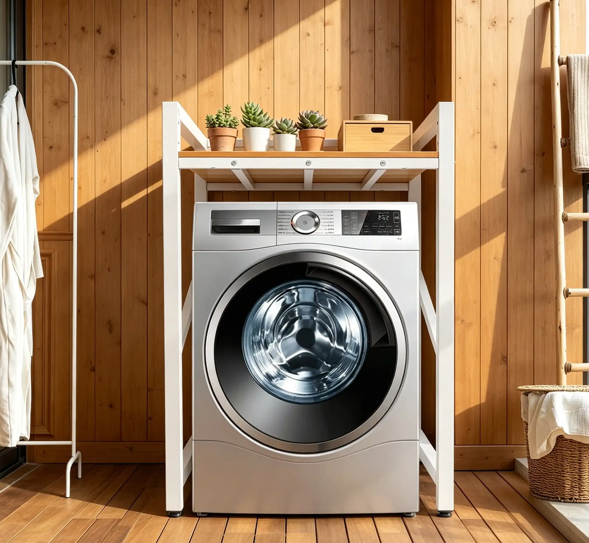 Washer Dryer Stacking Rack Stand, 3-Level Adjustable Height Heavy Duty Washing Machine Shelf, Washer & Dryer Stacking Rack for Bathroom, Laundry Room, White
