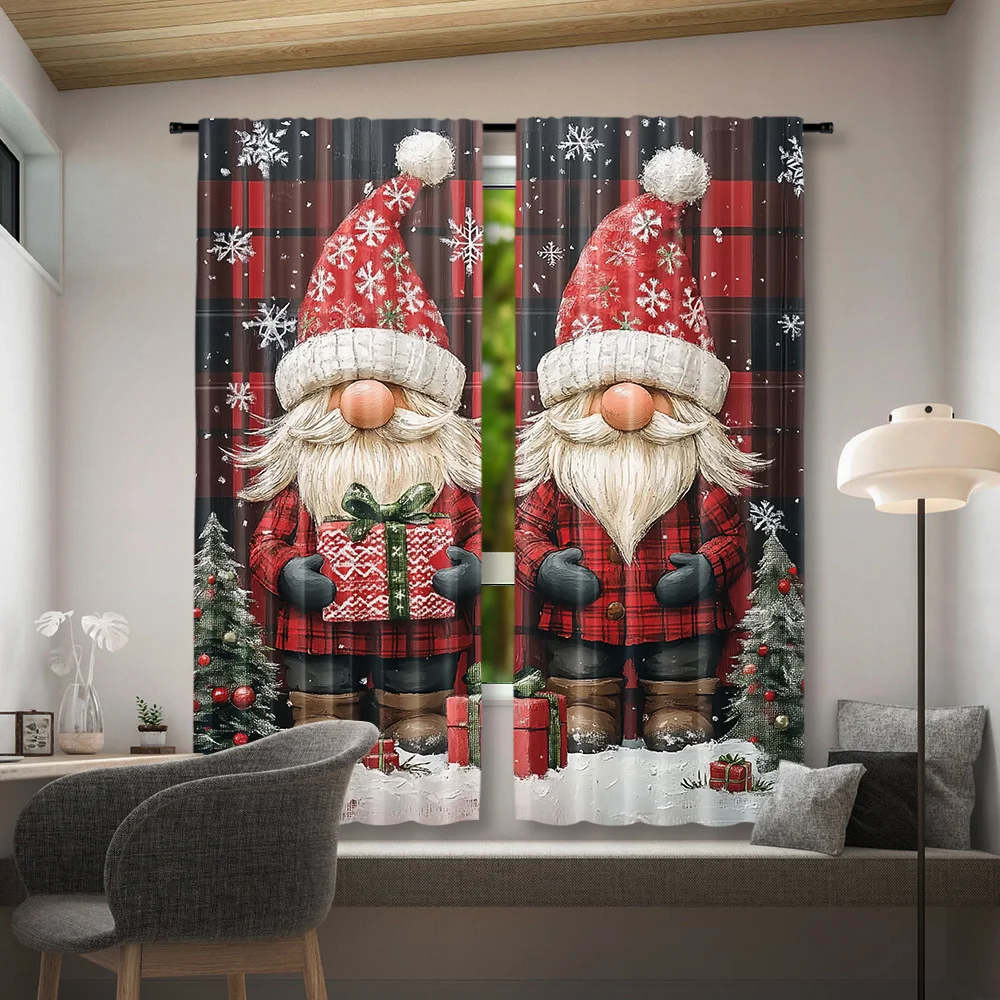 Christmas Gnome Curtains, Red Plaid Santa Dwarf Window Drapes, Holiday Snowflake Decor, Blackout Fabric for Living Room Bedroom