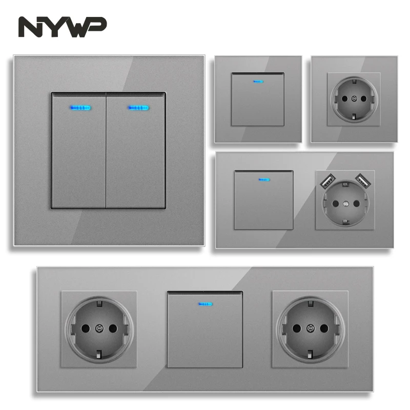 

NYWP 16A EU Standard Wall Socket Crystal Glass Panel Power Outlet Grounded With Child Protective Door Grey