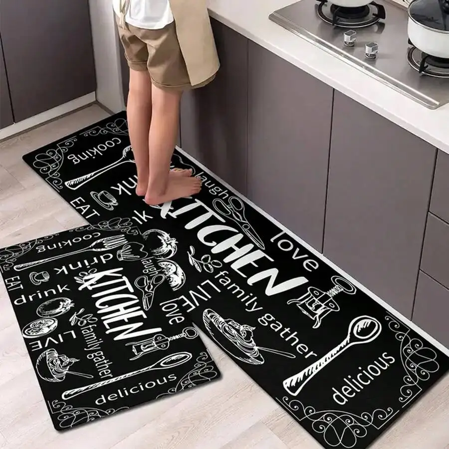 

2-Piece Black Kitchen Mat Set with White Typography & utensil Print, Non-Slip, Machine Washable