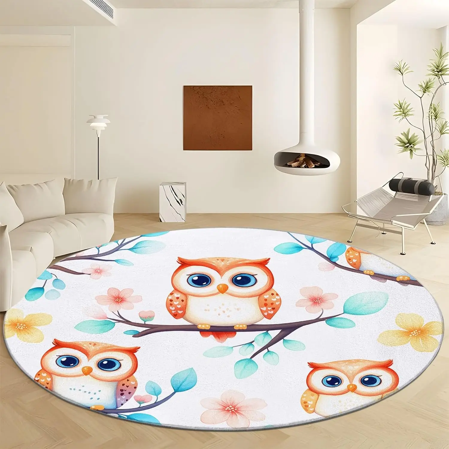 

Cartoon Watercolor Owl Leaves Print Round Area Rug, Light Color Washable Circular Carpet Runner - Non Slip Circle Rug Carpet Mat