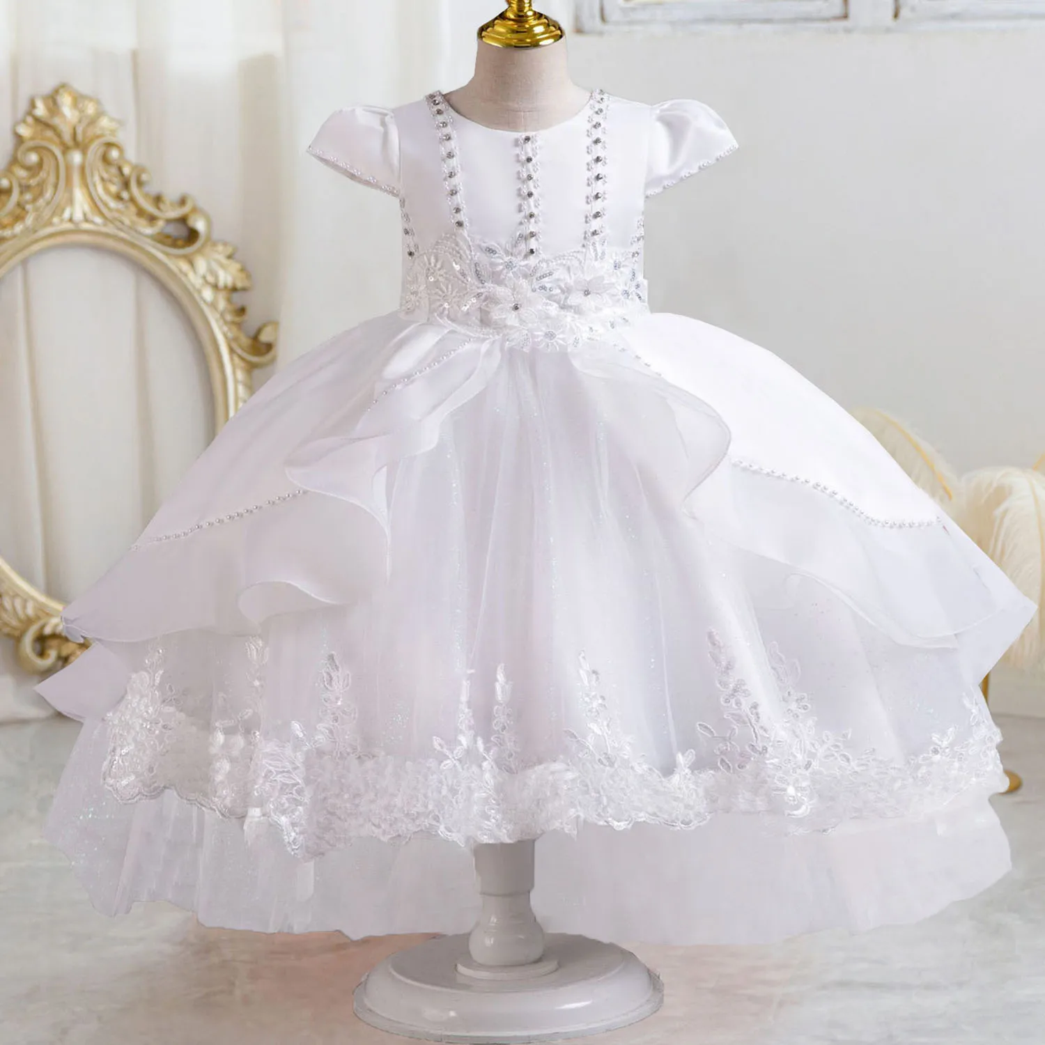 XMLSY Stunning Cap Sleeves Beaded Embroidered Flower Girl Birthday Party Formal Pageant Dance Party Dress Dress