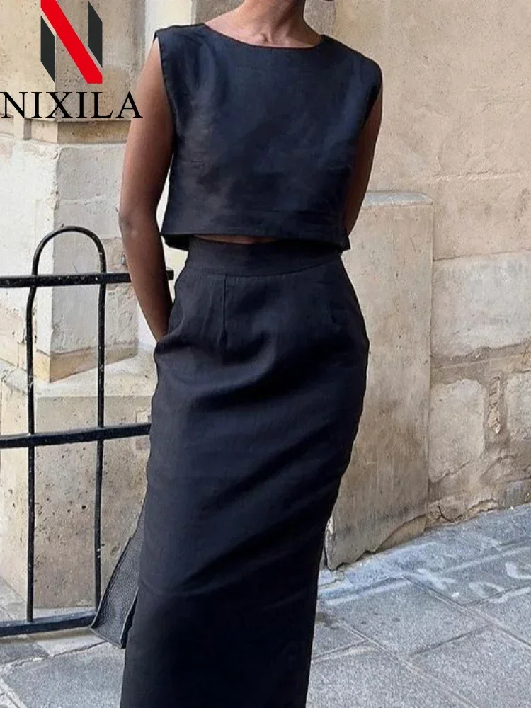 

Spring Summer Cotton Linen Vest Half Skirt Sleeveless Tops 2-Piece Set Women's Chic Short Vest Casual Set Split Long Skirt Suits