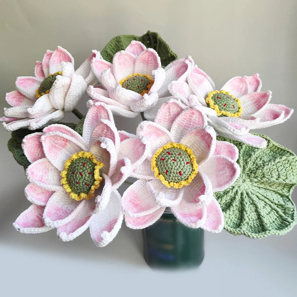 Hand-Woven Shaped Artificial Flower Lotus Lotus Leaf Wool Crochet Eternal Flower For Wedding Home Table Decor New Year Present