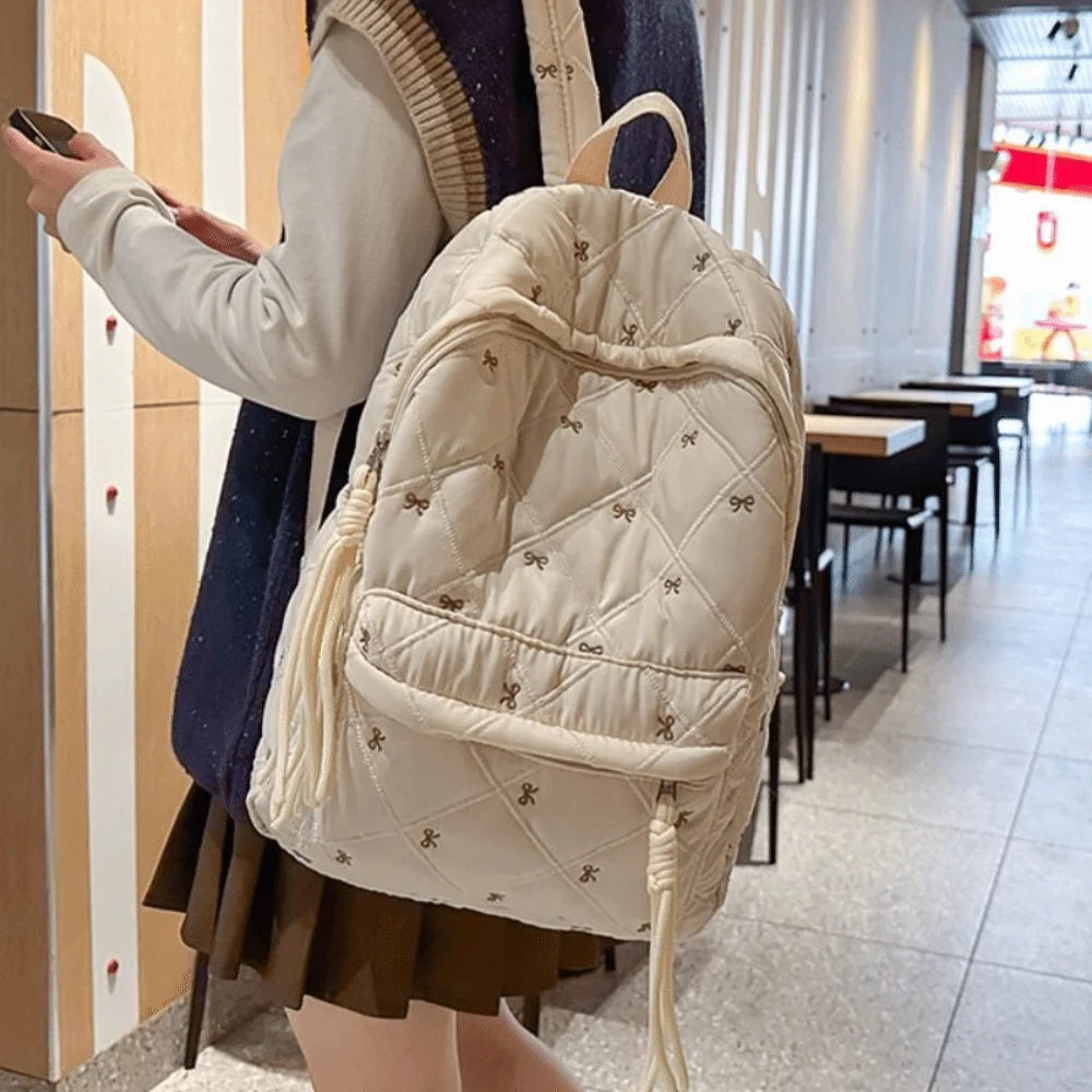 

Рюкзак в стиле преппи с вышитым бантом, нейлоновый рюкзак с вышивкой, вместительный полиэстеровый школьный рюкзак для студентов