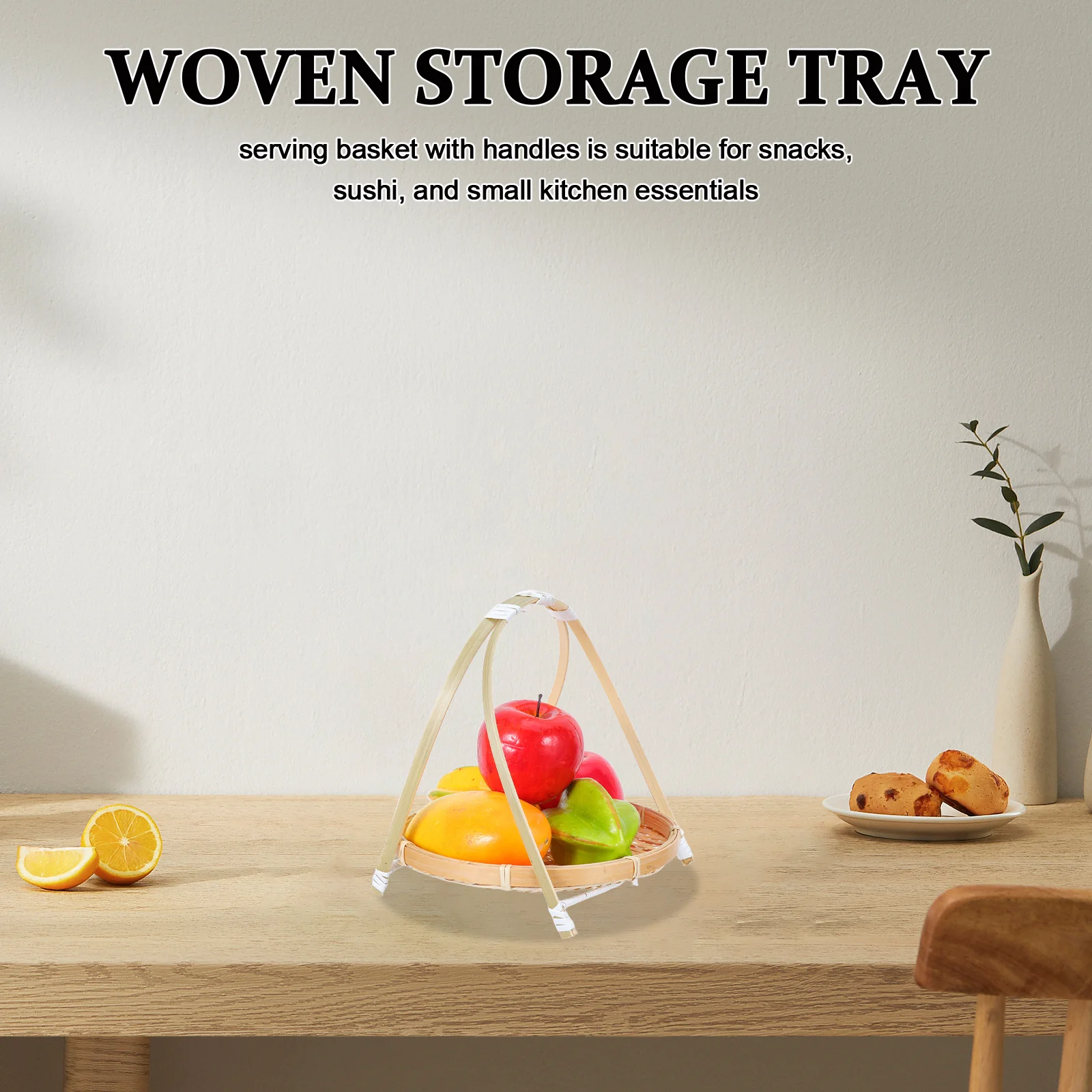 

Round Bamboo Woven Storage Tray Handcrafted Fruit Snack Bread Serving Basket Kitchen Organizer Dessert Display Bamboo