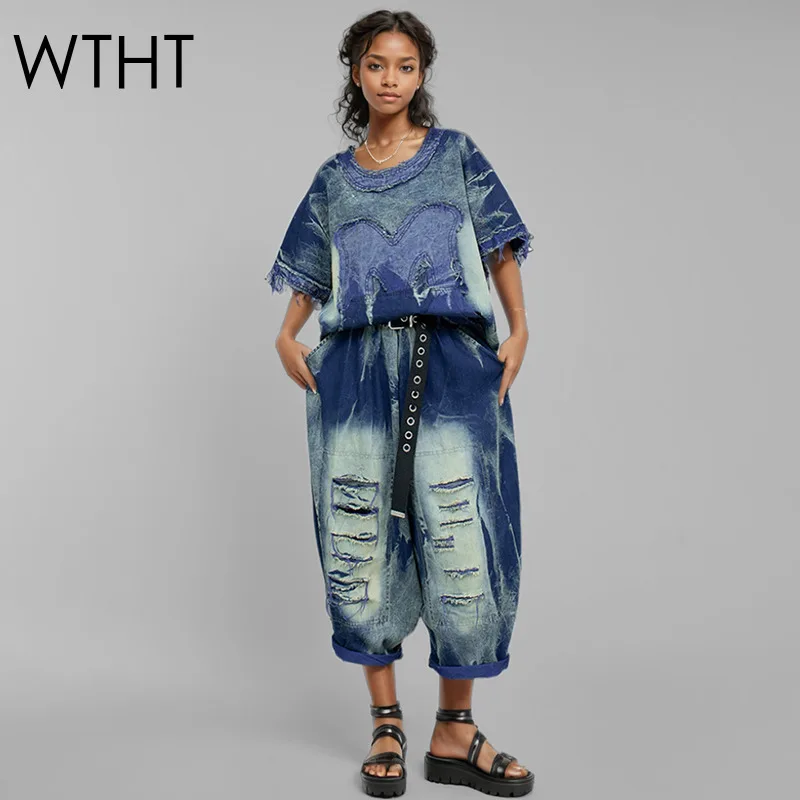 WTHT, trajes Vintage a la moda para mujer, camiseta vaquera de manga corta de retazos, conjunto de pantalones vaqueros sueltos de cintura alta para mujer, primavera 2025, 1LS884