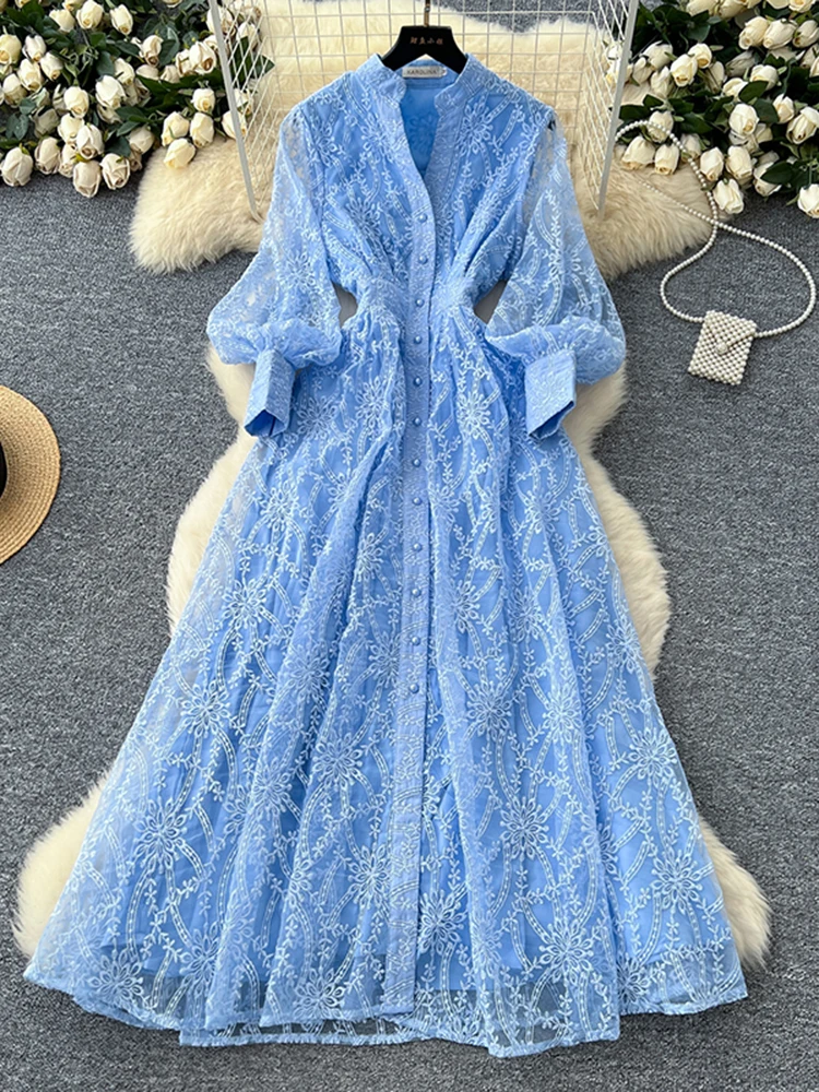 Französisches Elegantes Kleid für Damen Neues Geburtstagsparty-Kleid mit Stehkragen Einreihig Besticktes Mesh-Langes Kleid S93