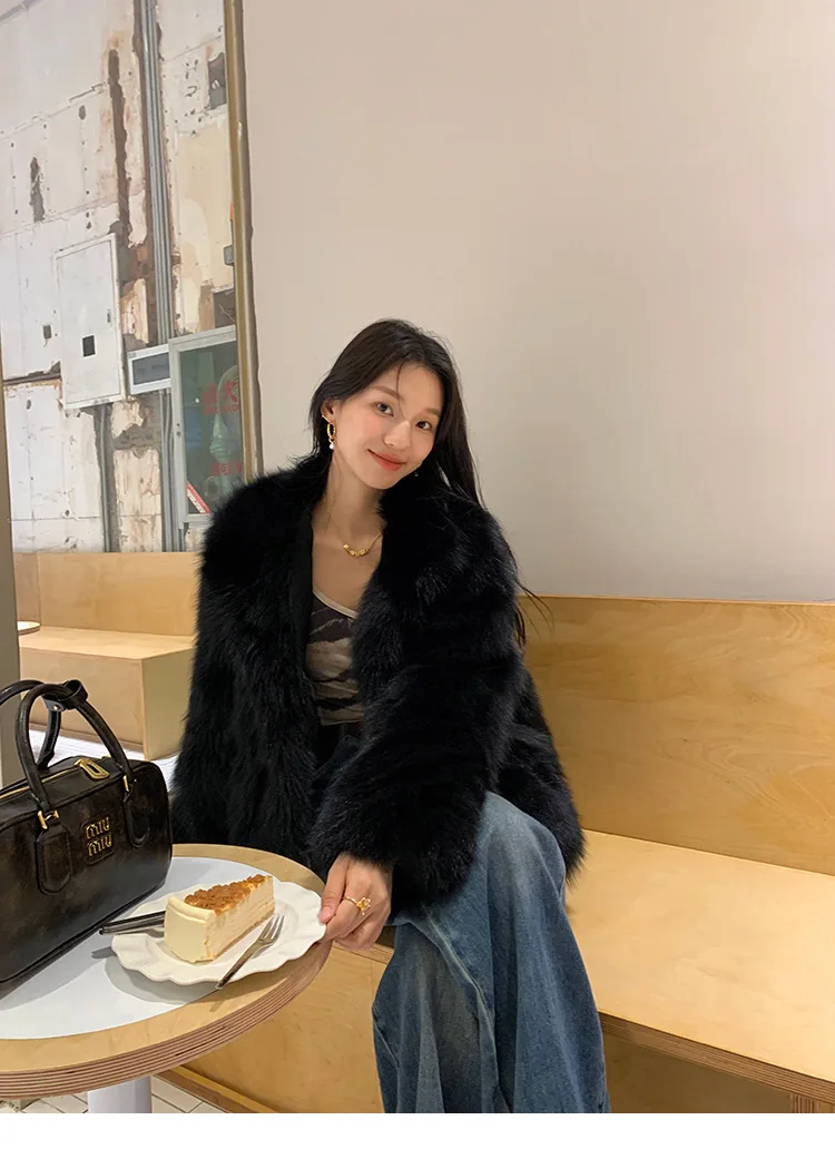 Women Faux Fox Fur Coats Solid Fur Jackets Cotton Linen Haf High Collar Long Sleeves Open Stitch Loose Casual 2026 Autumn Winter