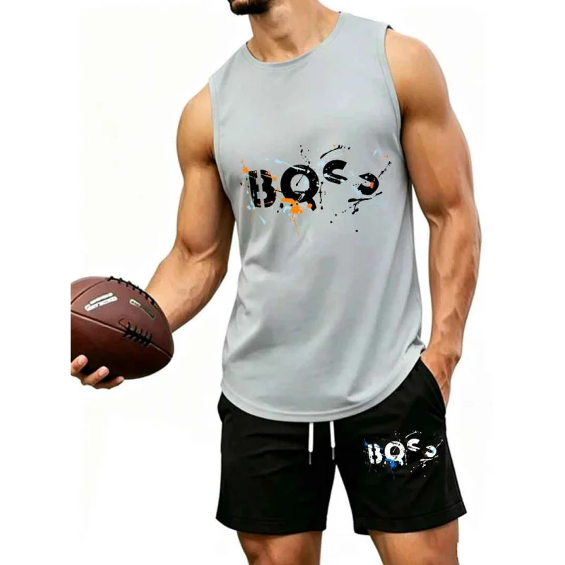 Men's  Graffiti Letter Print 2-Piece Tracksuit, Sleeveless Muscle Tank Top with Drawstring Shorts, Casual Urban Sportswear view 2