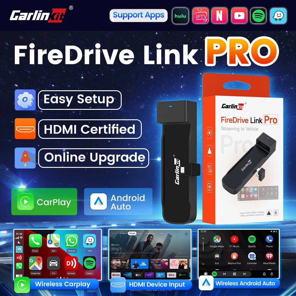

Беспроводной адаптер CarlinKit FireDrive Link Pro 3-в-1 для Android Auto, CarPlay, HDMI для Fire TV Stick Lite/Max, воспроизведение видео