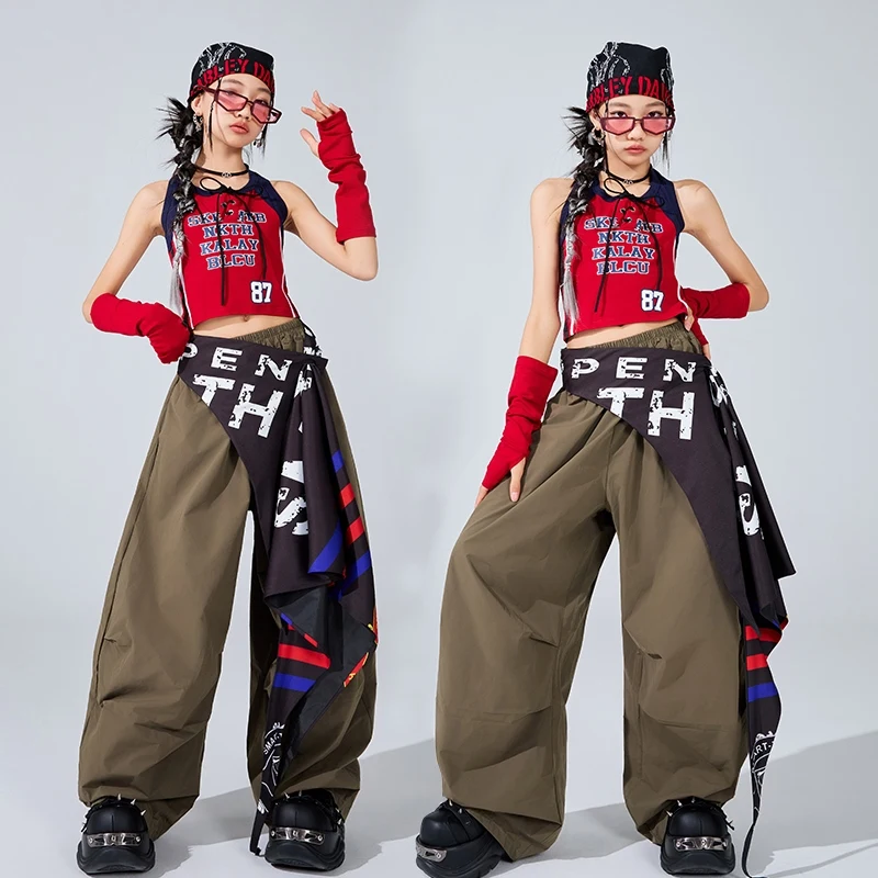 Children Hip Hop Jazz Dance Clothes Summer Girls Red Tops Army Green Pants Kpop Outfits Street Dance Costume Group Suit BL16628