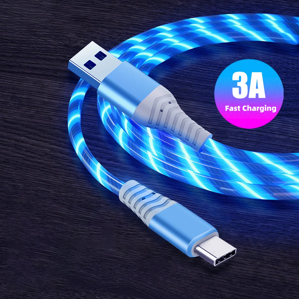 3A Glowing Cable Micro USB Type C Cable Fast Charging For iPhone Huawei Xiaomi LED light Charger Flowing Streamer USB C Cord