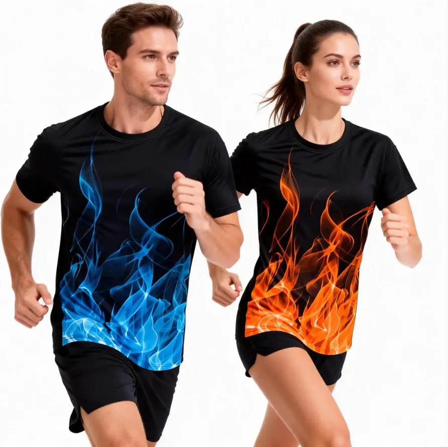 2026 summer new ice silk short sleeved T-shirt, outdoor breathable flame printed round neck sports running shirt, unisex top