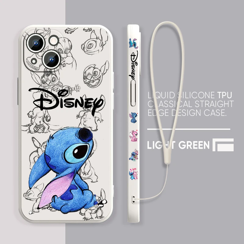 Disney Super Cute Stitch Phone Case For Apple iPhone 15 14 13 12 11 Pro Max Plus 8 7 SE Liquid Left Rope Capa Cover