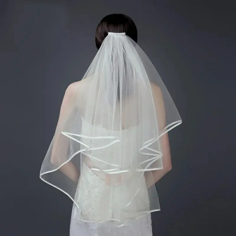 White  Ivory Wedding Veil 2 Tiers Ribbon Edge Center Cascade Bridal Veil with Comb for Bachelorette Party