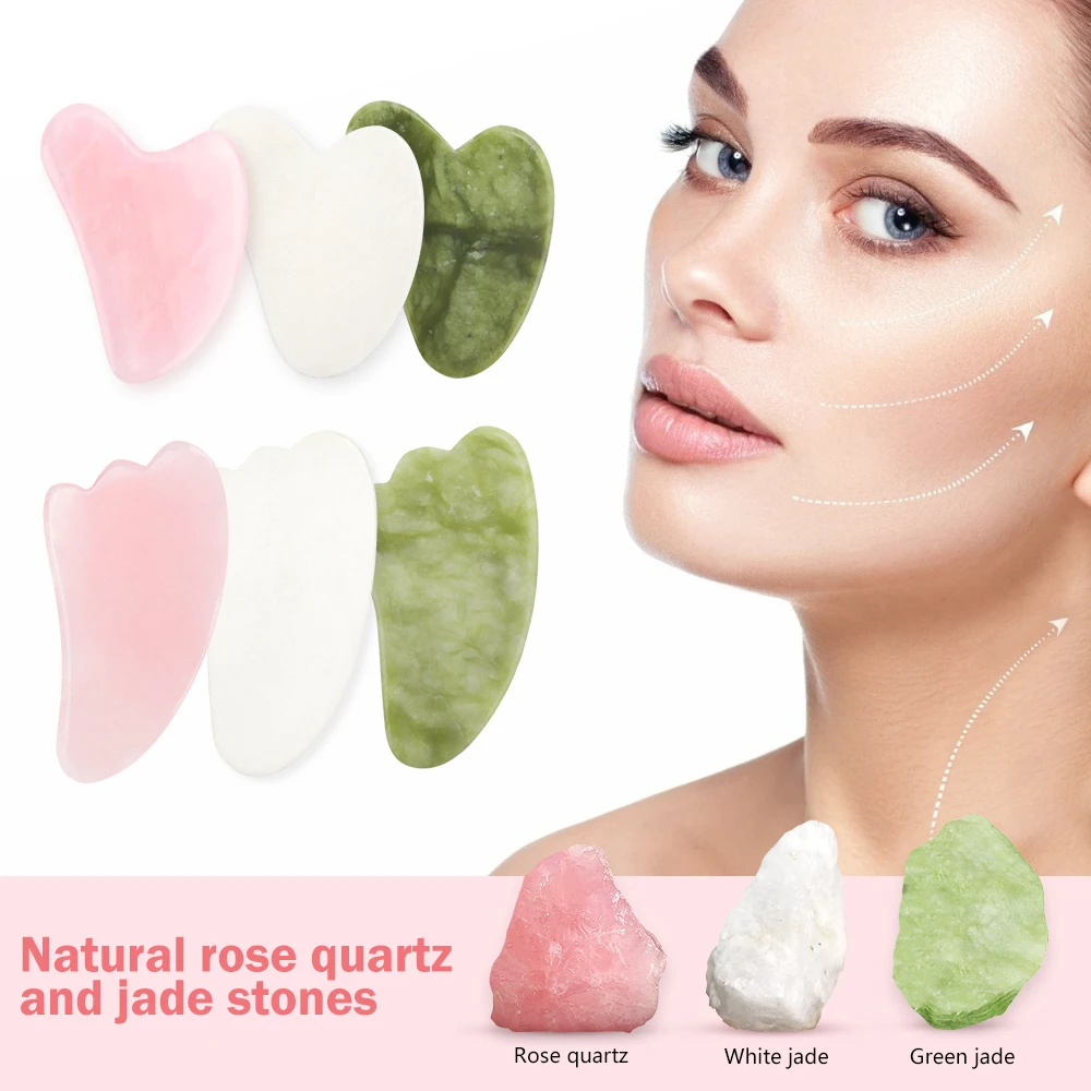 Rodillo de jade de cuarzo rosa rosa Gua Sha Set Masajeador corporal facial Adelgazamiento Levantamiento Rodillo de masaje de piedras de jade natural