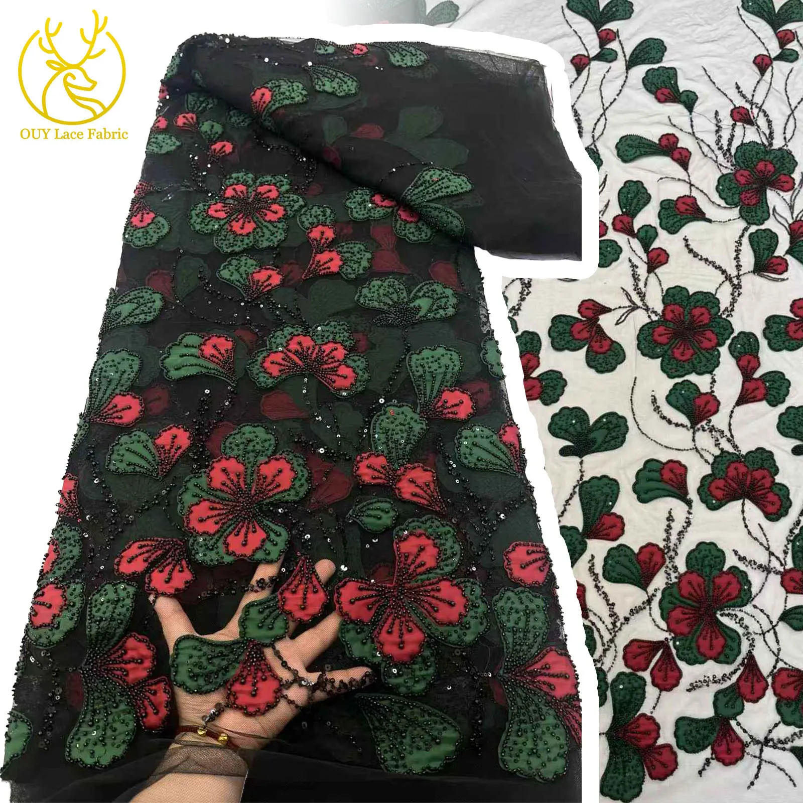 

2025 Latest African Bead Lace Fabric Embroidery Decal French Mesh sequin Lace Fabric Nigeria Chiffon Lace Suitable for Parties