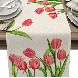 Spring Blue Tulip Flower Linen Table Runner Wedding Decoration Anti-stain Table Runner Dining Table Holiday Party Table Decor