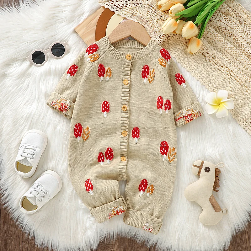 Autumn Winter Baby Rompers Clothes Camel Long Sleeve Button Up Newborn Boys Girls Knit Jumpsuits Outfits One Piece Kids Playsuit