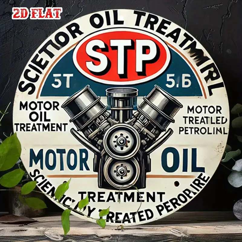 2D FlatA vintage-style 7.87inch round aluminum sign- STP logo, 5T and 5.6 labels, engine illustration, suitable garage, home, co