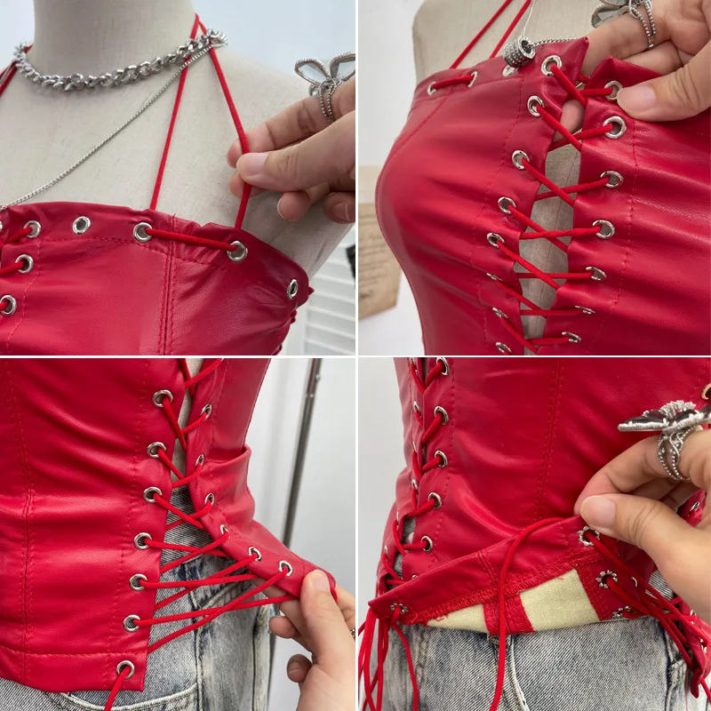 Women Vintage Punk Hot Girls Strappy Tube Top Pu Leather Top Sexy Tight Sexy Short Halter Neck Hollow Out Top Y2K Streetwear2765