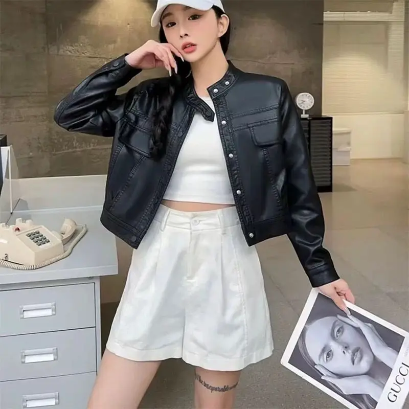 Vintage Short PU Leather Jacket Women Spring Autumn Stand-up Collar Long Sleeve Outerwear Casual Loose Motorcycle Leather Coat
