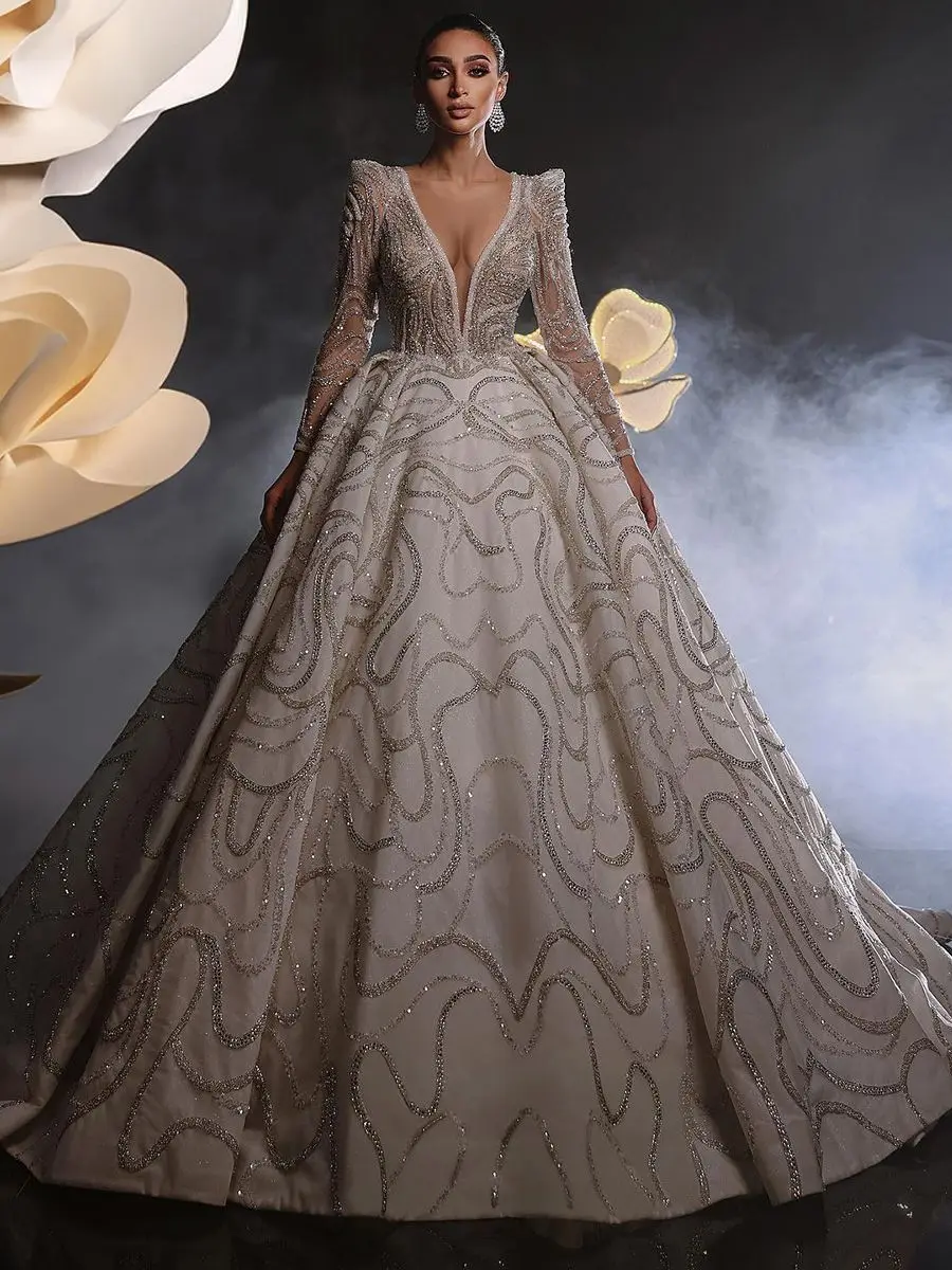 Robe de Mariée en Dentelle à Paillettes, Magnifique Tenue de Bal, Col en V Profond, Appliques, sur Mesure, Manches sulf, Traîne