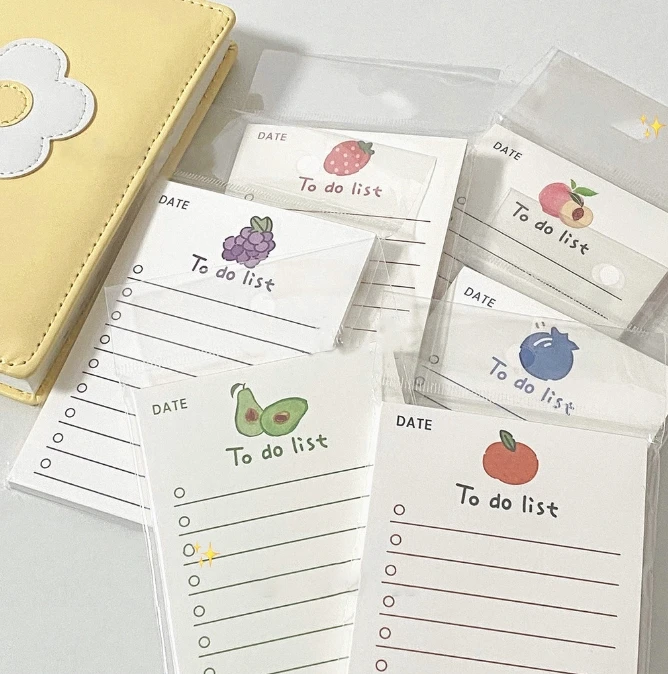 Kawaii Bloc de notas de frutas bonitas, notas adhesivas para hacer lista, diario de niña, papelería escolar decorativa DIY, 50 hojas