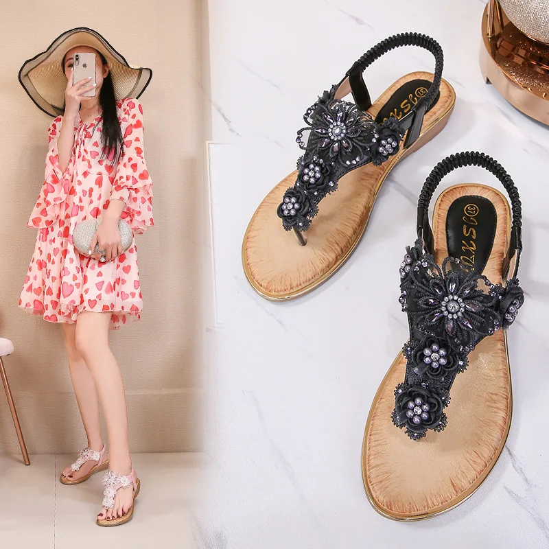 Plus Size Shoes for Women 36-45 Summer Elegant Women Sandals Rhinestone Floral Beach Boho Style Shoes Flip Flops Sandalias