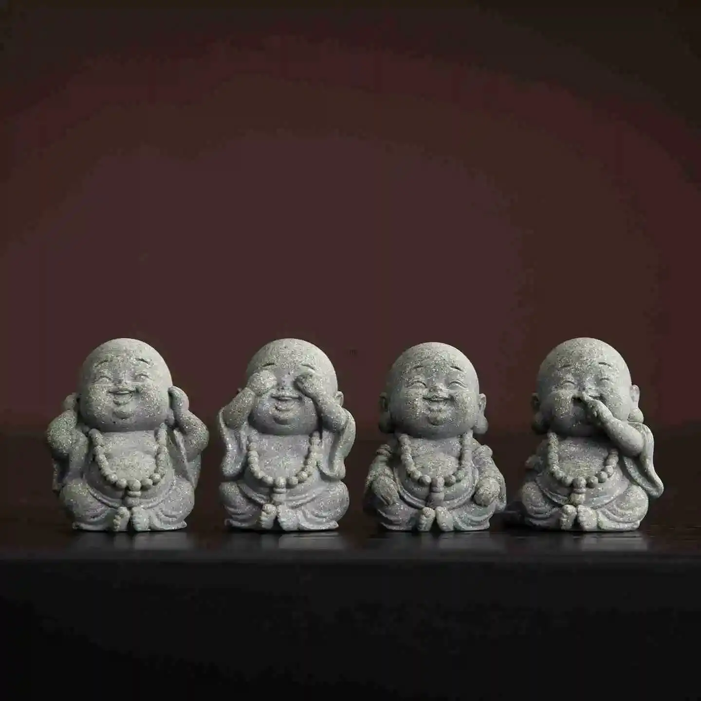 Green Sandstone tea pet Big Belly Maitreya Buddha Laughing Four Little Monks Ornament Desktop Tea play Table Craft